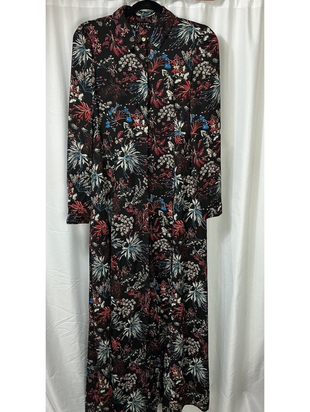 As U Wish Women M Black Floral Button Front Long Sleeve Maxi Dress Boho cottage